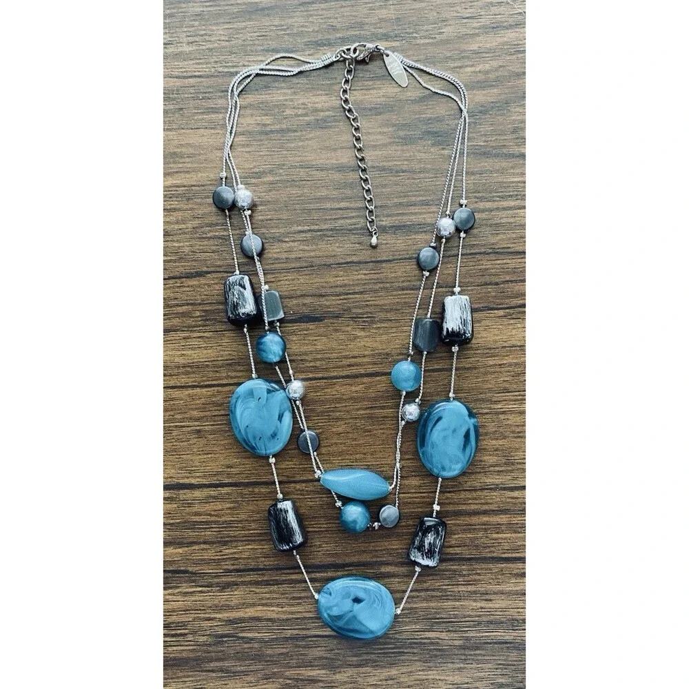 NY Chunky Teal Blue Beaded Statement Necklace Silver Tone Three Strand Fairy
